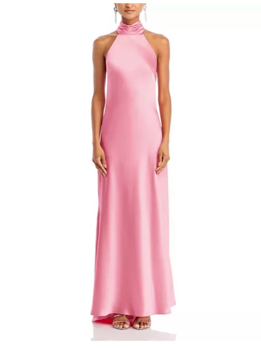 AQUA Satin Halter-Neck Maxi Dress in Pink